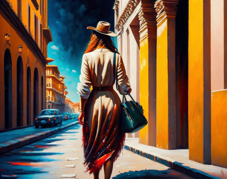 Person in trench coat walking on sunlit street with golden walls and blue car