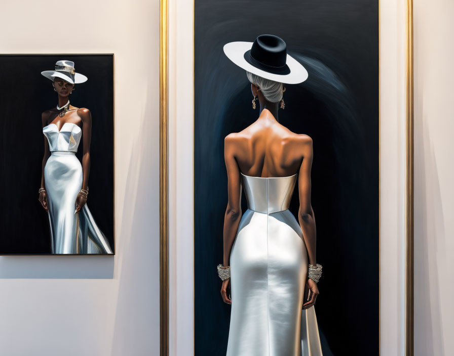 Woman in White Dress and Broad Hat: Front and Back Views