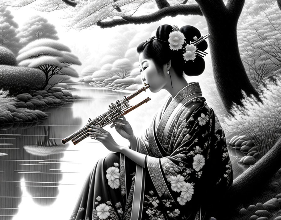 Monochrome geisha playing bamboo flute near serene river