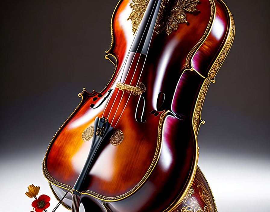 Ornately decorated violin with carvings and inlays on gradient background with red flower