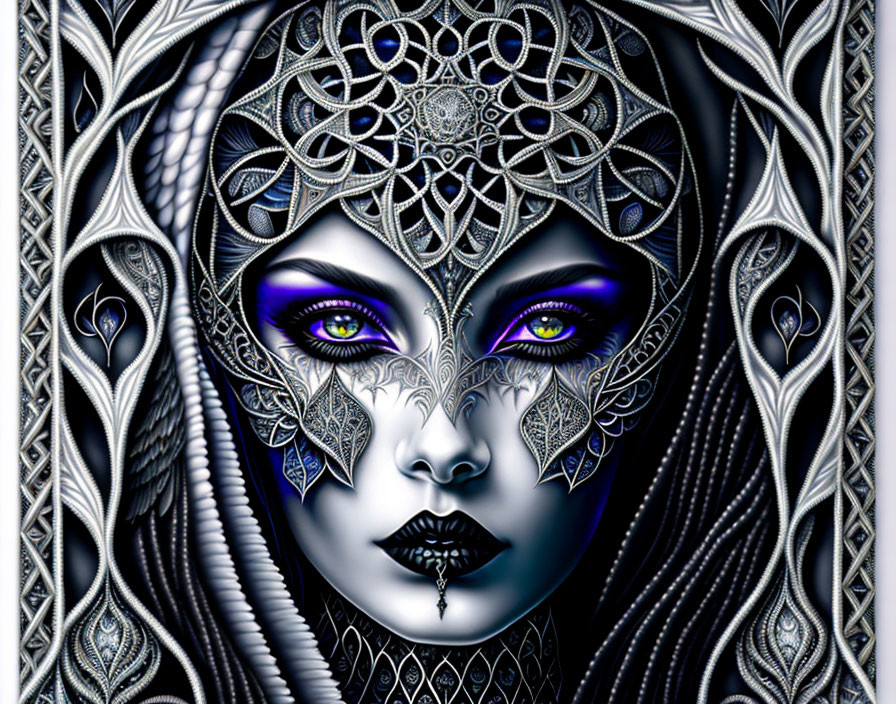 Digital artwork featuring woman with silver headgear and purple eyes against monochromatic background