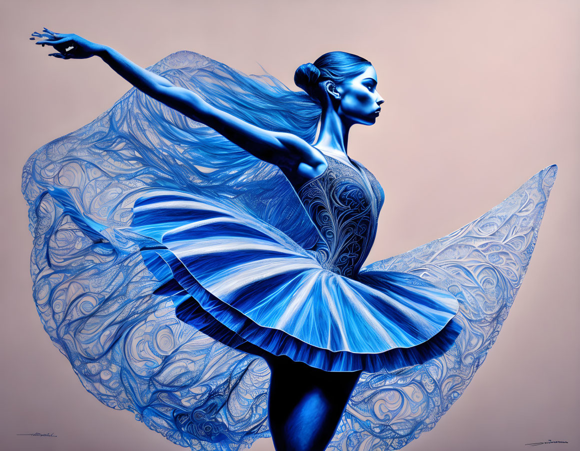 Intricate blue patterns on a graceful dancer mid-twirl