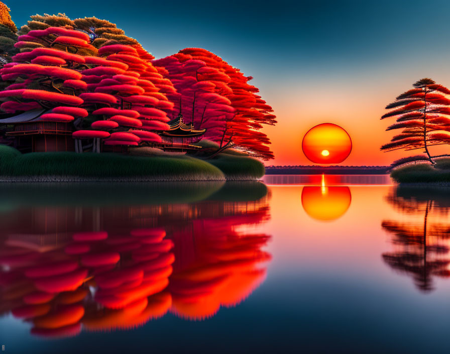 Scenic sunset with large sun, pink trees, and traditional structure.