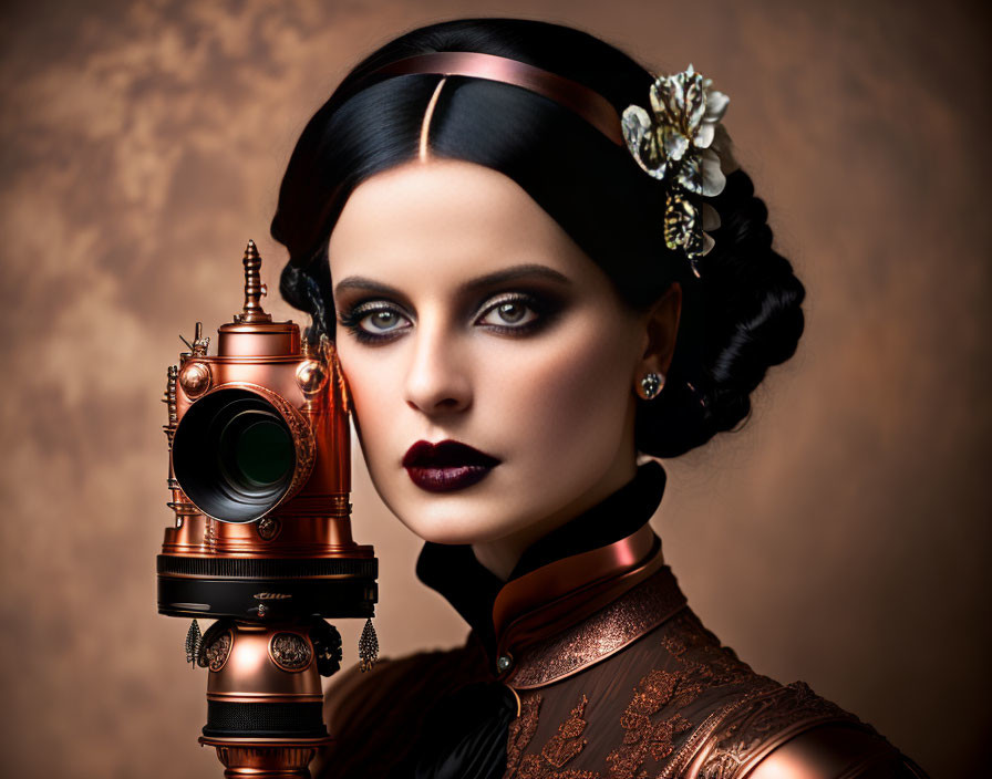 Vintage-styled woman with choker and ornate dress next to old camera on sepia background