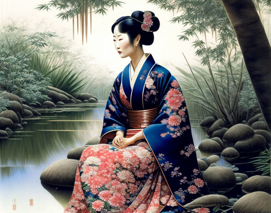 Detailed Illustration: Woman in Blue Kimono by Tranquil Pond