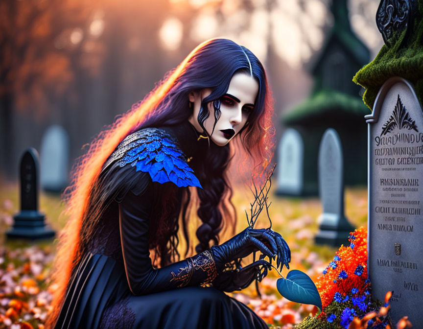 Pale-skinned person in dark makeup at autumn gravesite with blue feathered shoulders.