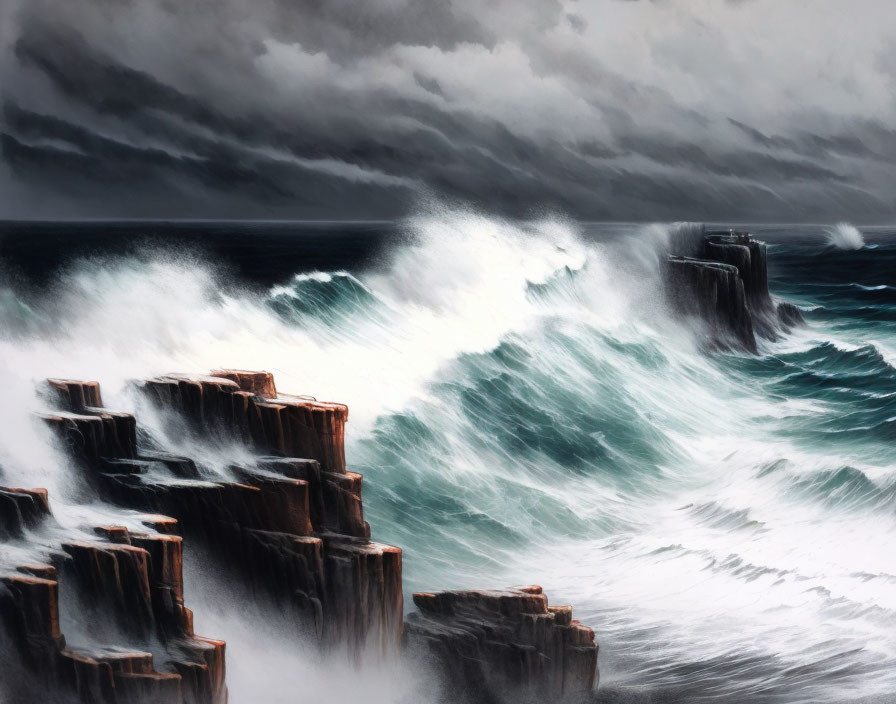 Stormy Sea Painting: Waves Crashing on Cliffs