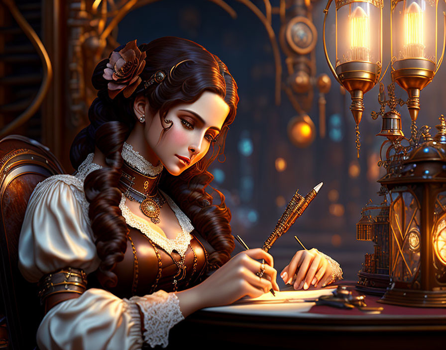 Victorian lady writing by lamplight in steampunk setting