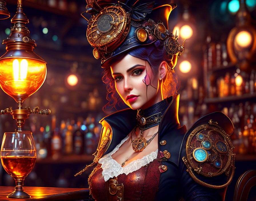 Steampunk woman in top hat and monocle in vintage bar setting