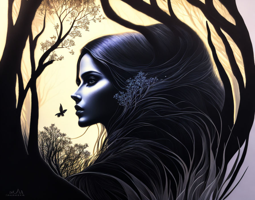 Surreal portrait of woman with tree branches in hair against twilight backdrop