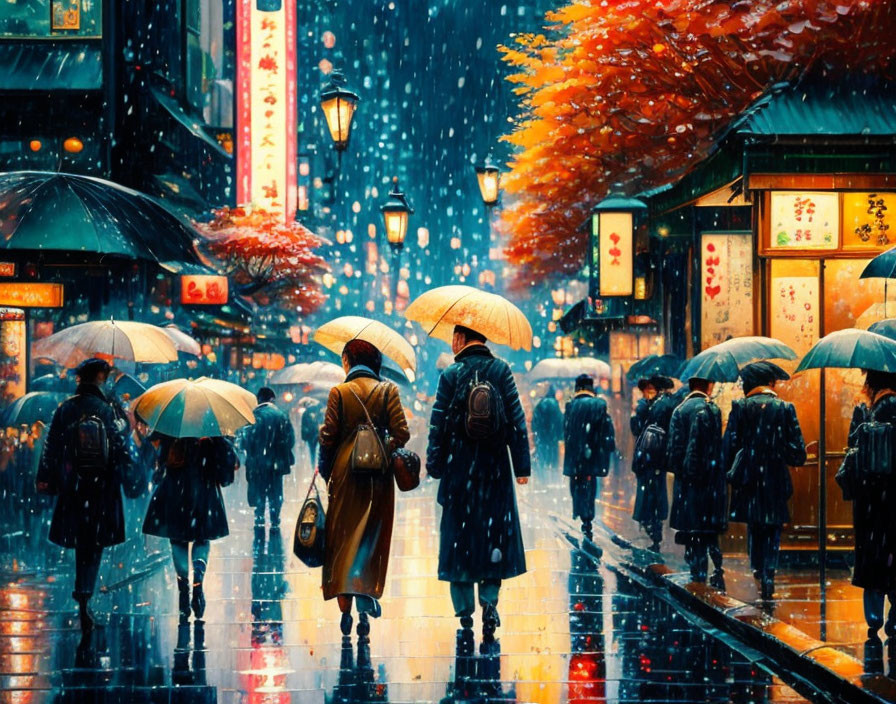 Vibrant rain-drenched street with people holding umbrellas