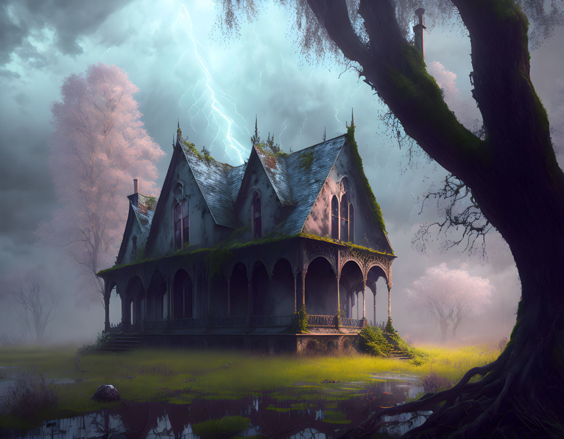 Gothic house in misty swamp with spires under stormy sky