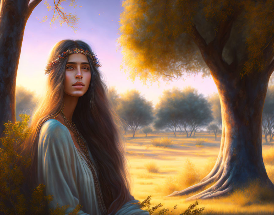 Serene woman with floral headband in golden-lit forest