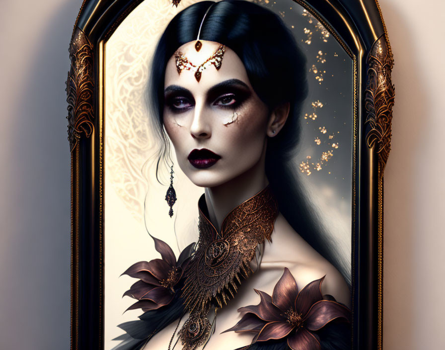 Gothic woman with dark lips and gold accents in vintage mirror