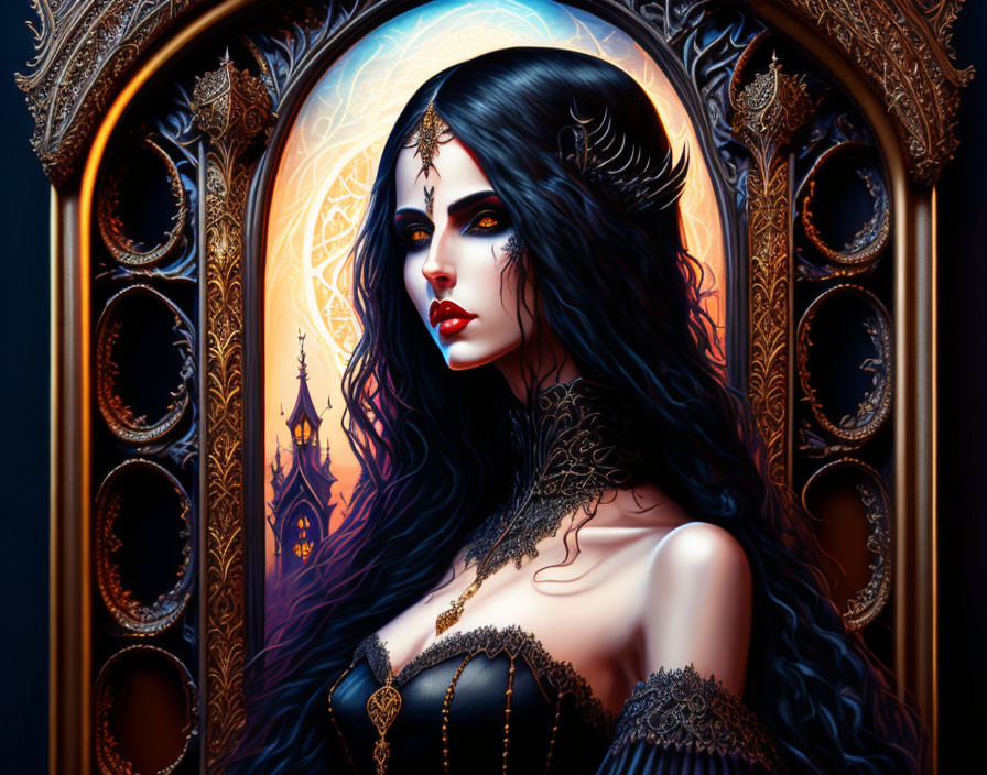 Illustration of gothic woman with crescent moon and stained glass window