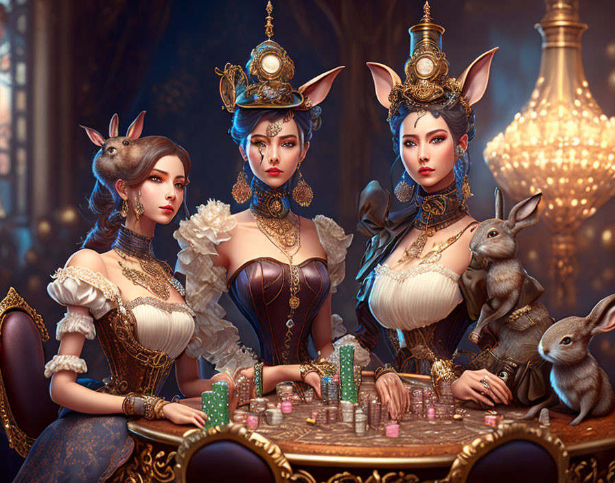 Three women in fantasy costumes with rabbit ears playing poker at a luxurious table surrounded by rabbits