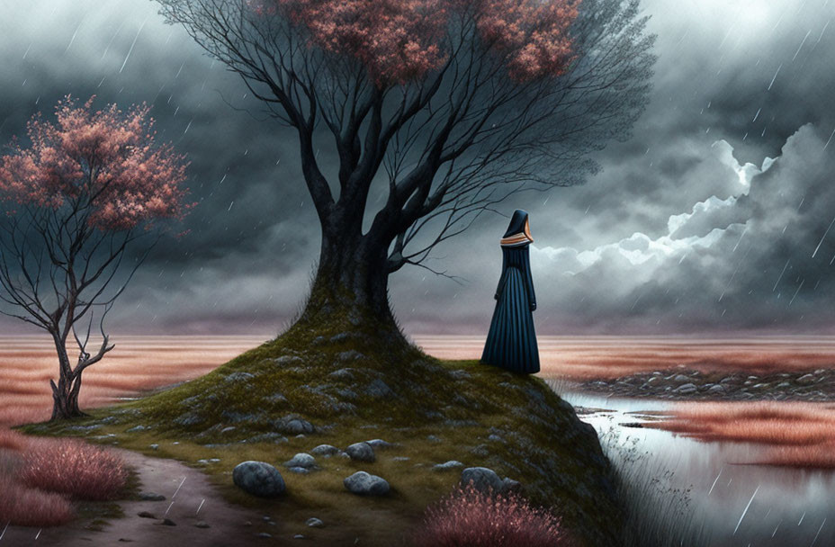 Solitary Figure in Blue Cloak Under Cherry Blossoms in Rainy Landscape