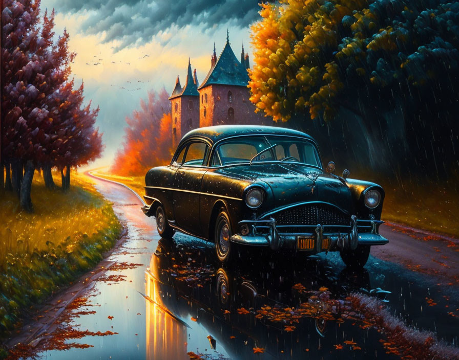 Vintage Car Parked on Wet Road with Autumn Trees, Castle, and Stormy Sky