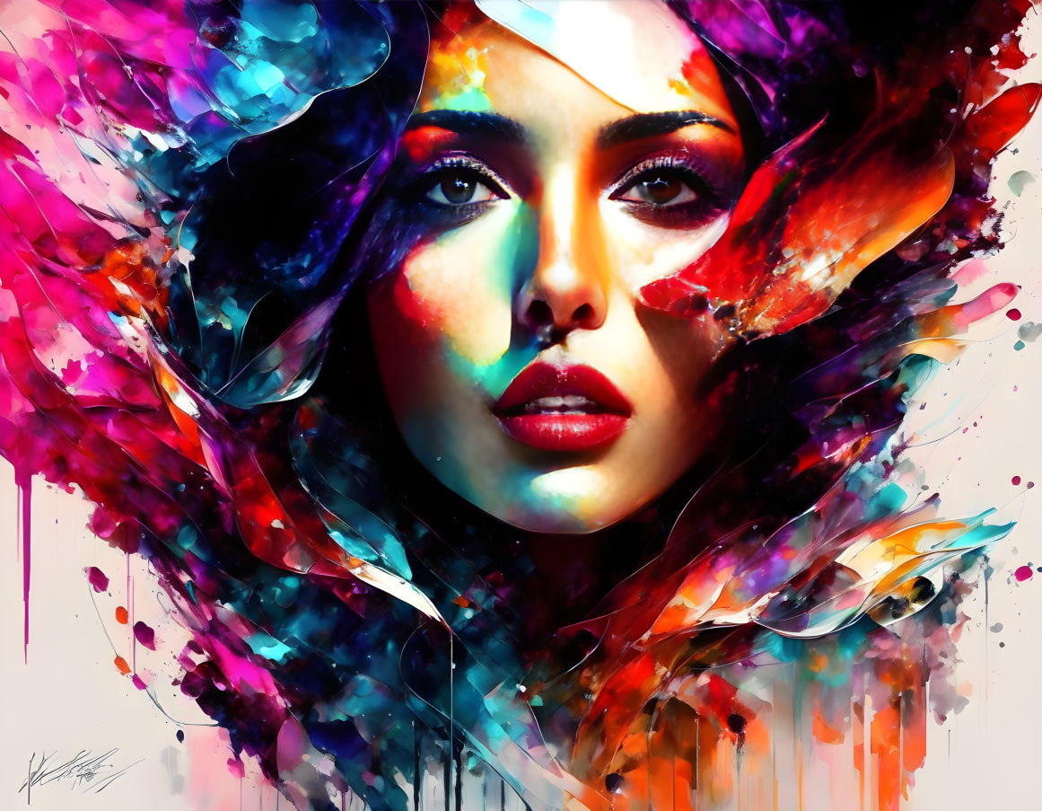 Colorful Abstract Digital Art of Woman's Face surrounded by Dynamic Elements