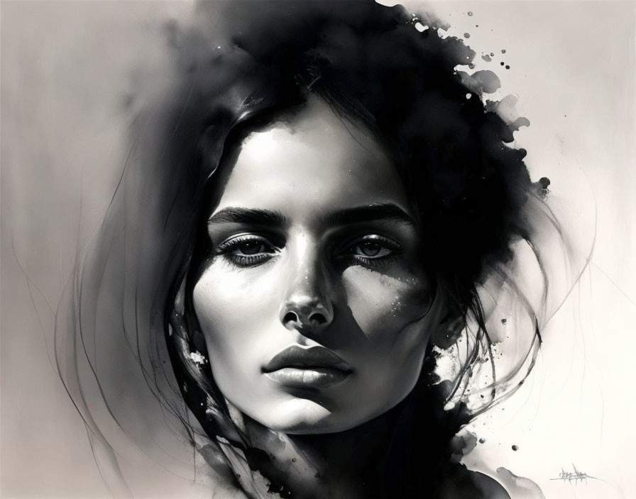 Monochrome artwork of woman with intense gaze and smoky effect