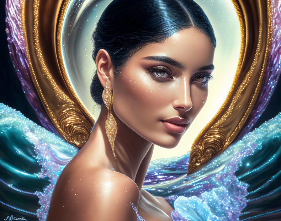 Digital Artwork: Woman with Gold Earrings in Cosmic Background