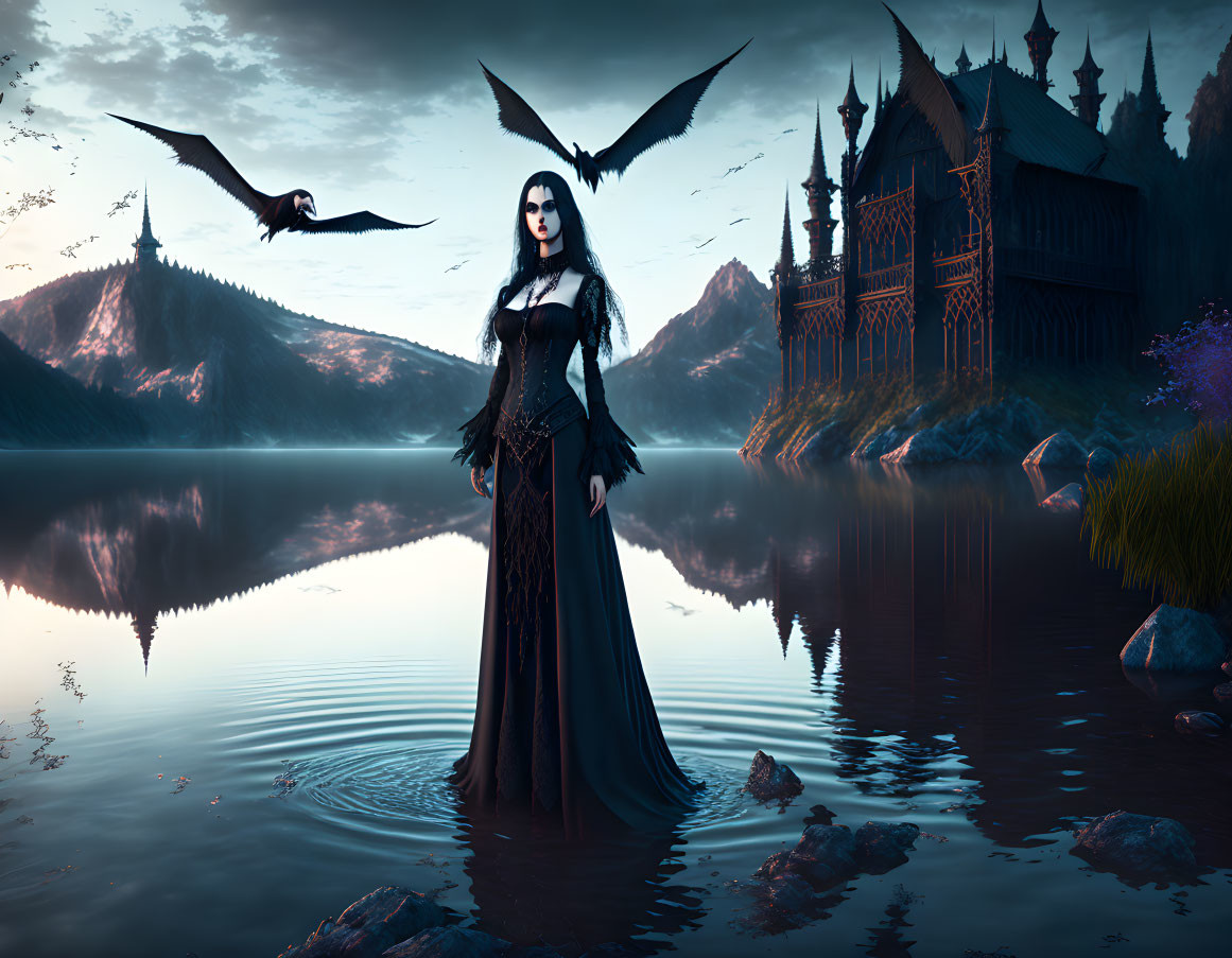 Gothic woman in lake at dusk with castle and bats.