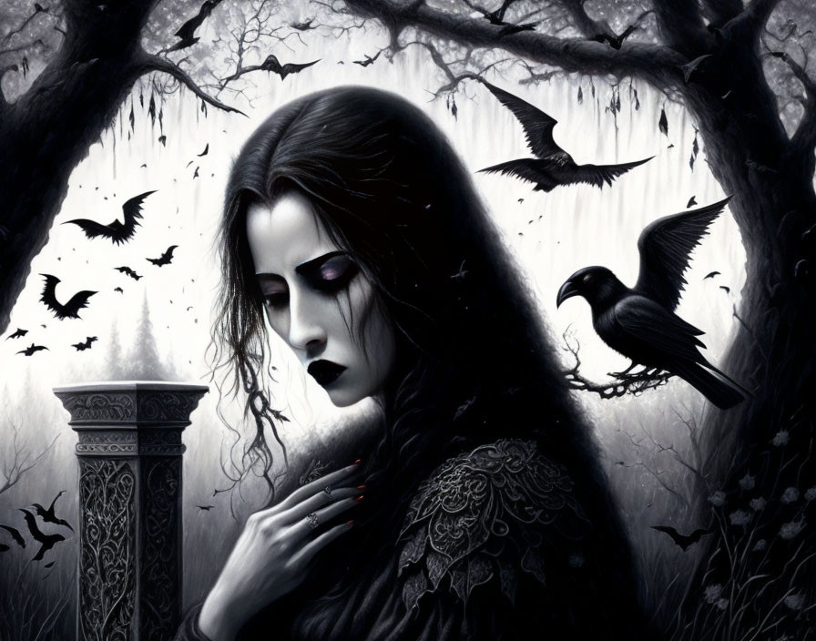 Gothic image of pale woman among flying crows in eerie forest