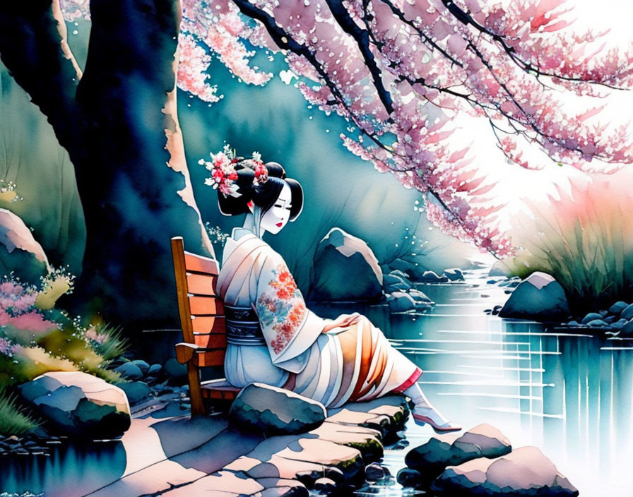 Woman in Kimono Sitting by Cherry Blossoms at Lake