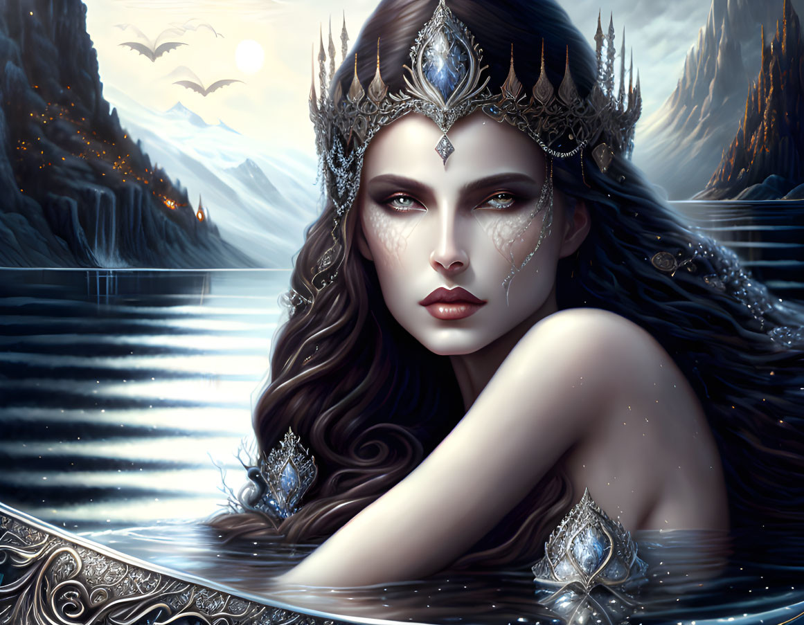 Fantasy ice queen with jeweled crown and dark hair in snowy mountain scene