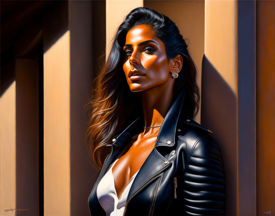 Stylized portrait of woman in black leather jacket against warm background