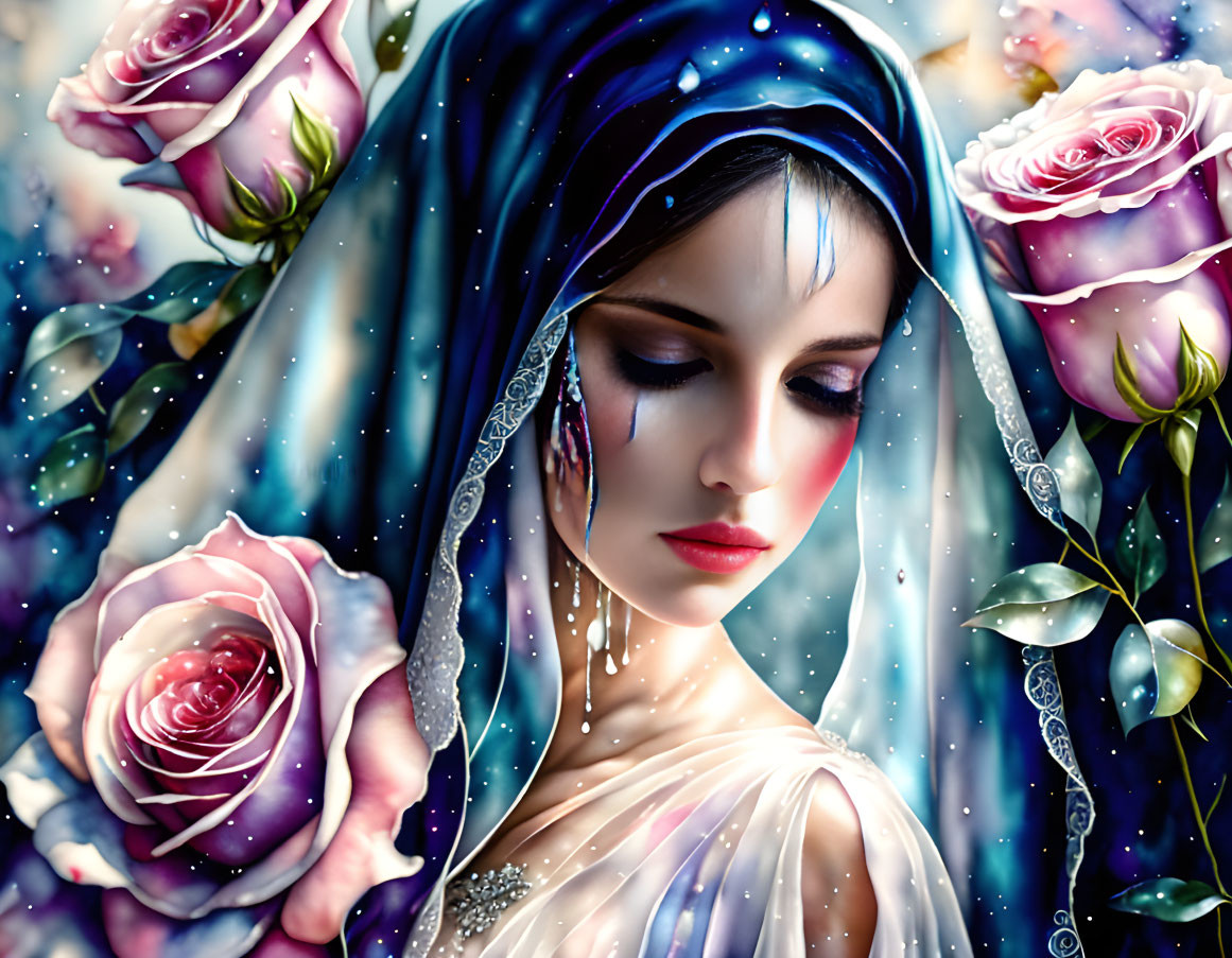 Woman in blue headscarf with pearls, surrounded by sparkling roses and mystical stars.