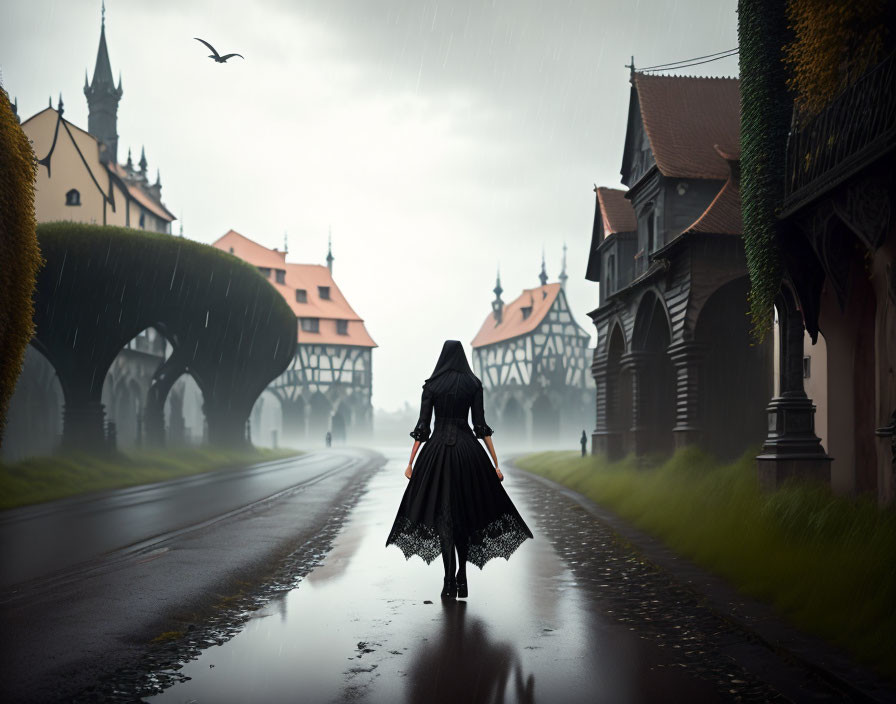 Person in black cloak with umbrella walks rainy European street