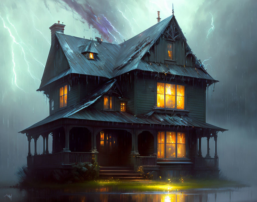 Victorian house illuminated in stormy sky with lightning and rain