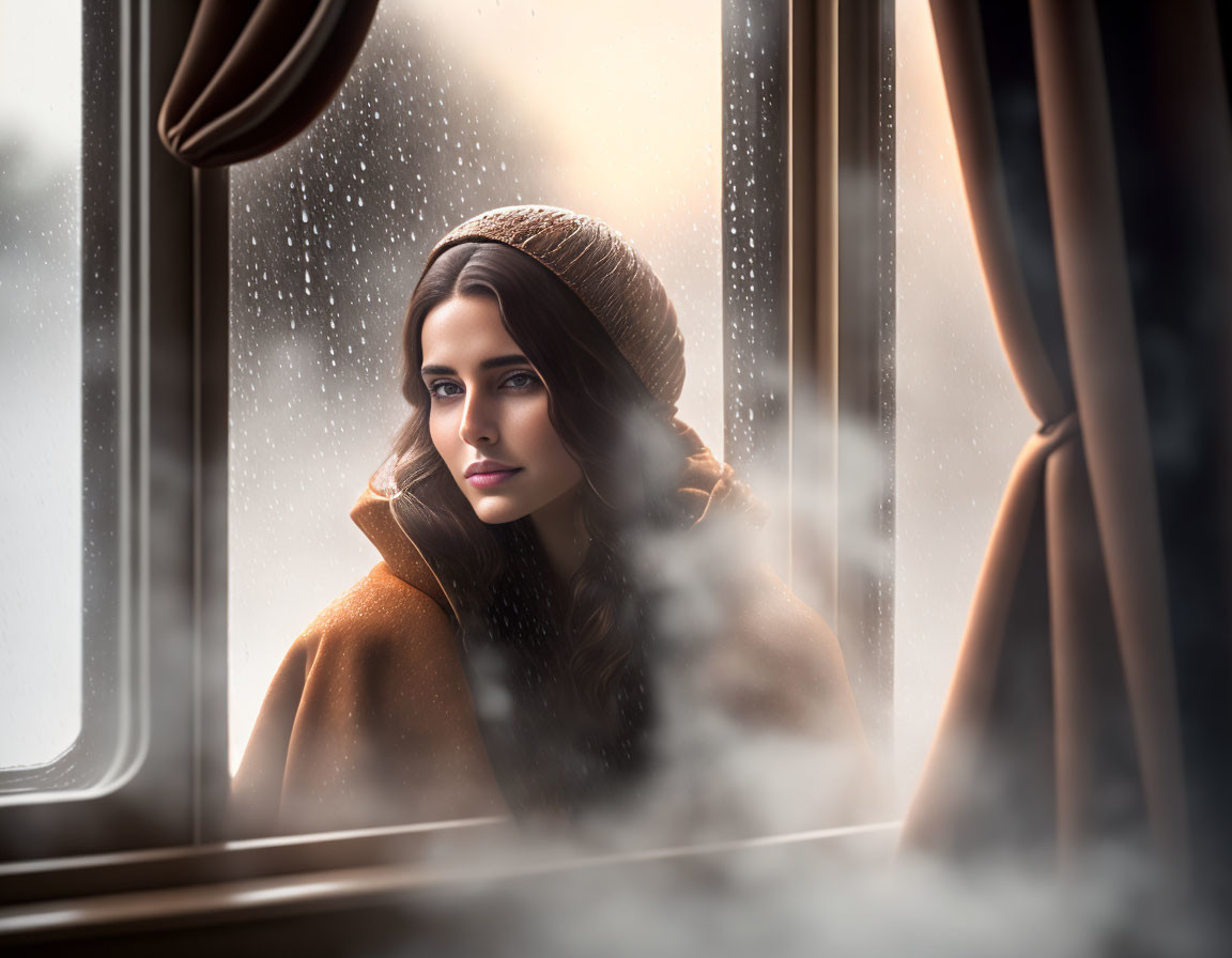 Woman in brown hoodie gazes out rainy window with reflection.