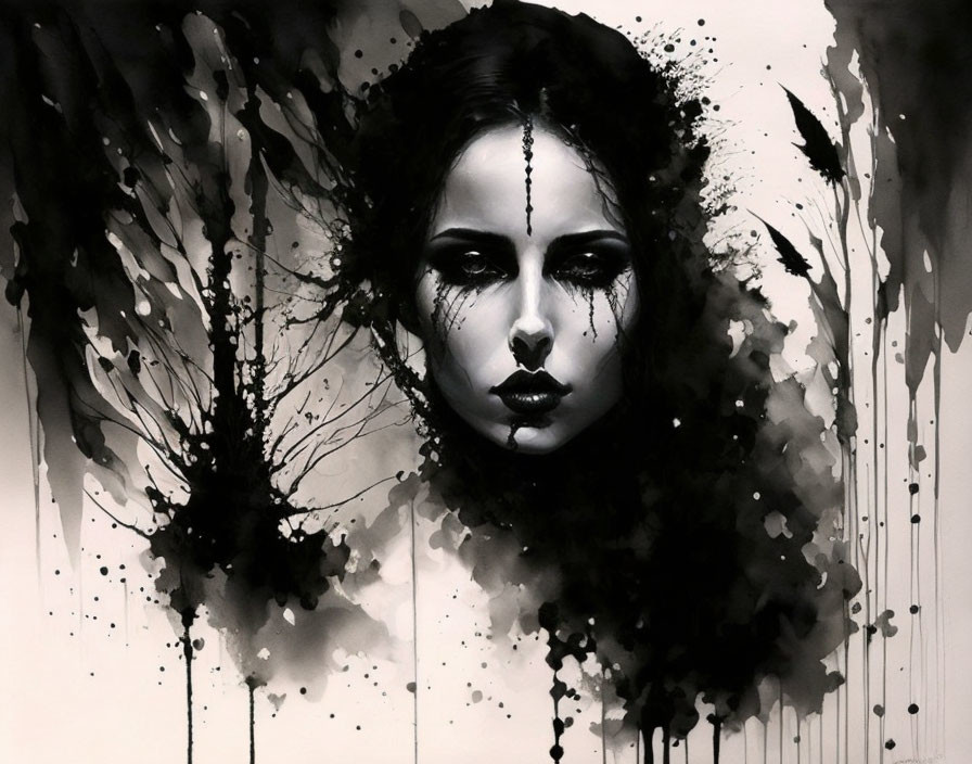 Monochrome abstract portrait of a woman with inkblot-like hair and serene expression