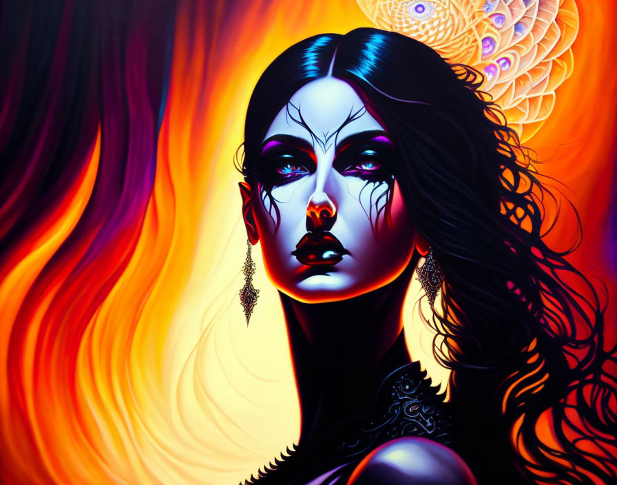 Vibrant digital artwork of a woman with dark makeup and ornate earrings