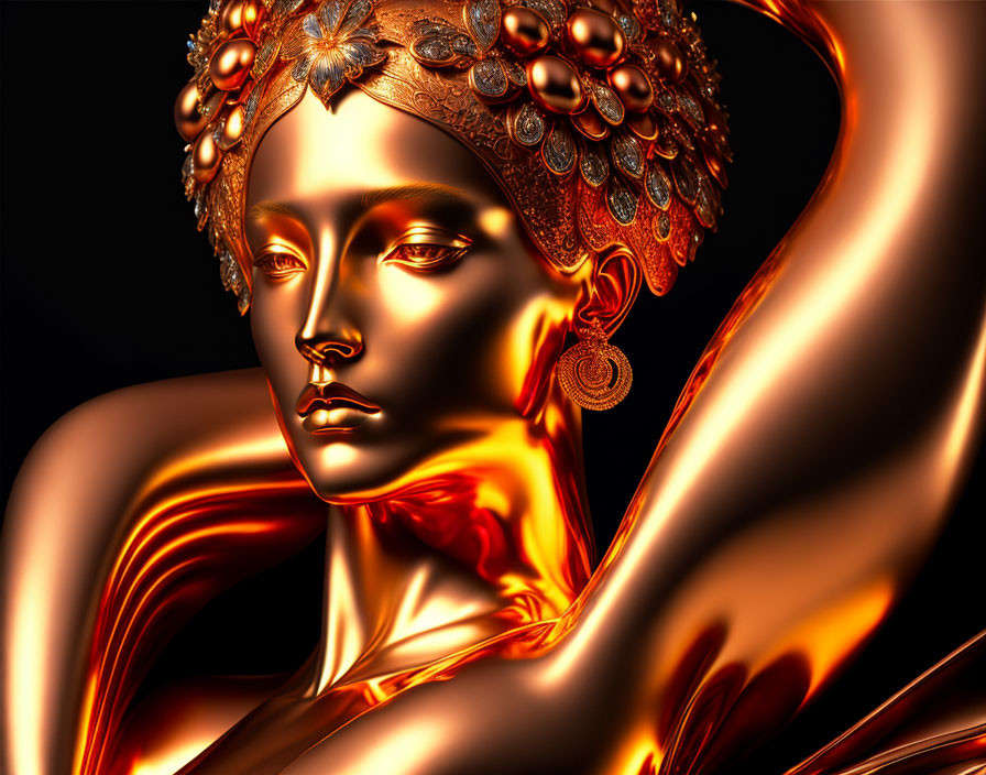 Golden digital art of woman with intricate headpiece and earrings on dark background