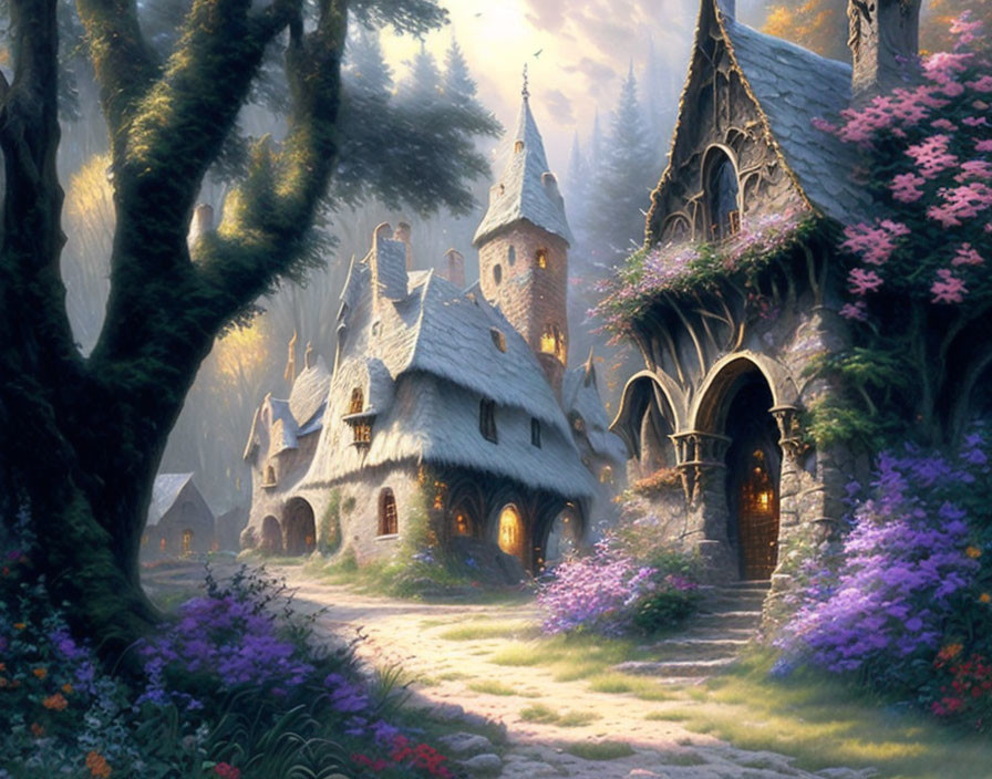 Whimsical cottages in enchanted forest with sunlight and purple flowers