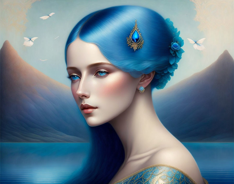 Illustrated portrait of woman with blue hair, jeweled headpiece, butterflies, serene landscape.