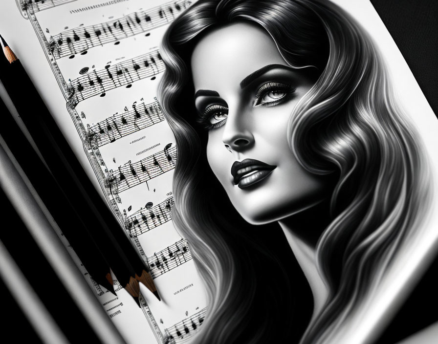 Monochrome illustration of woman with wavy hair, makeup, piano keys, and musical notes