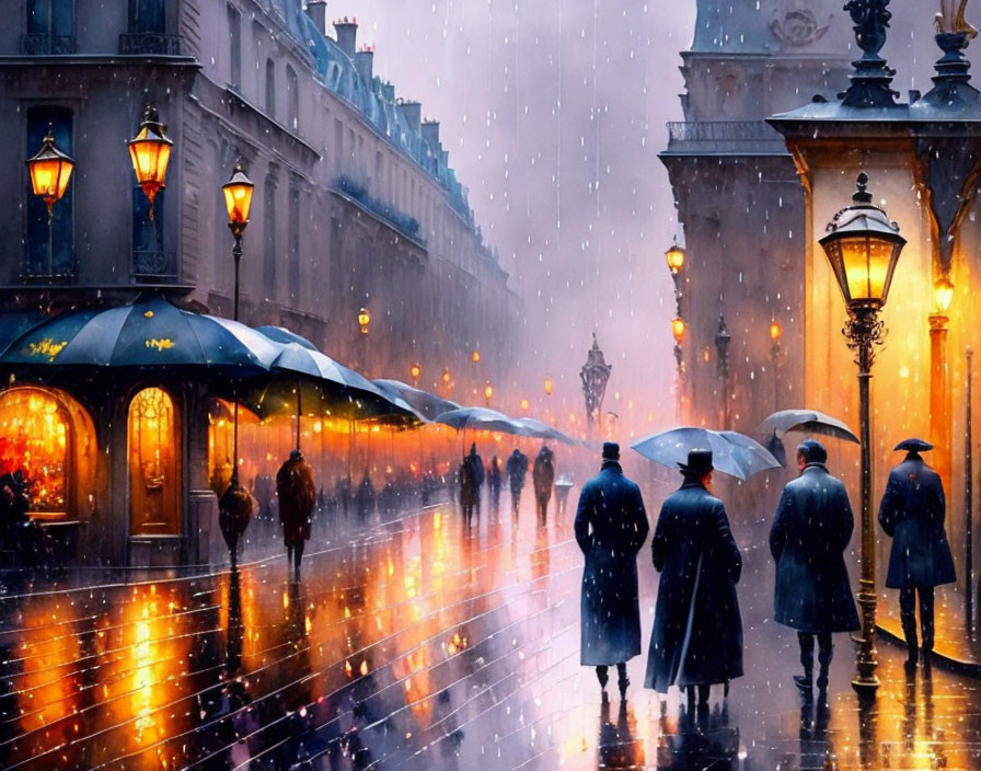 Rainy Street Scene with People and Umbrellas in City Lights