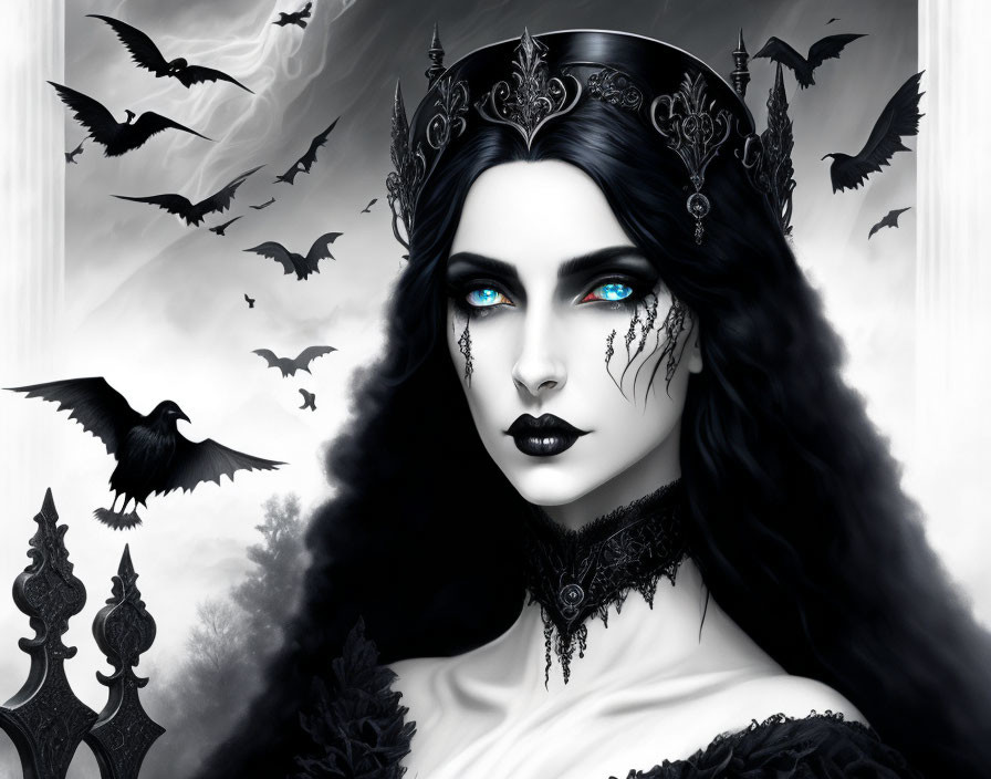 Gothic queen with blue eyes in black attire and bats in misty background