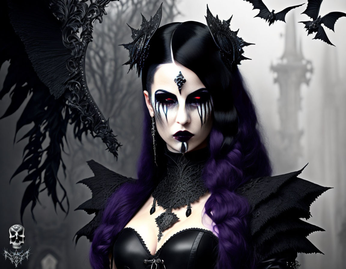 Gothic figure with purple hair and wings in dark attire