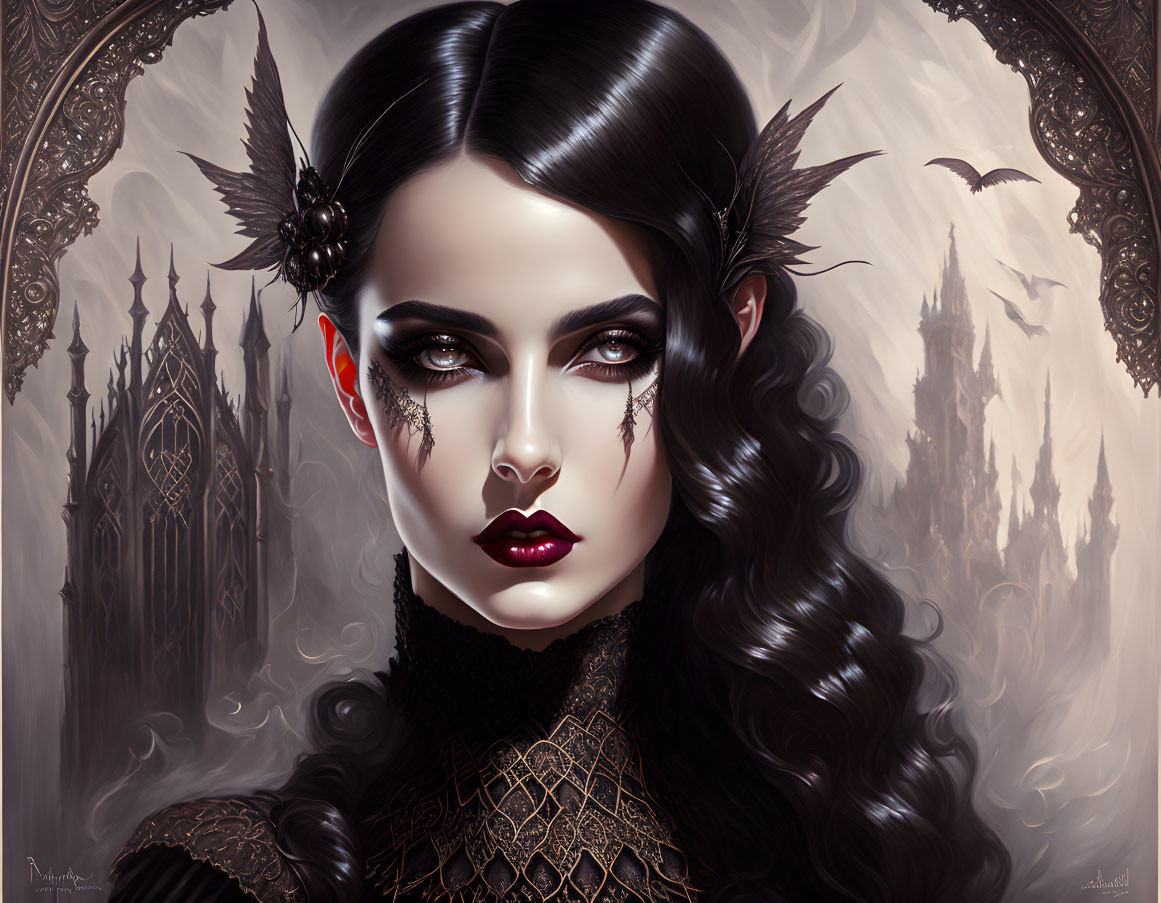 Dark-haired gothic female figure with elaborate headpiece in misty cathedral backdrop