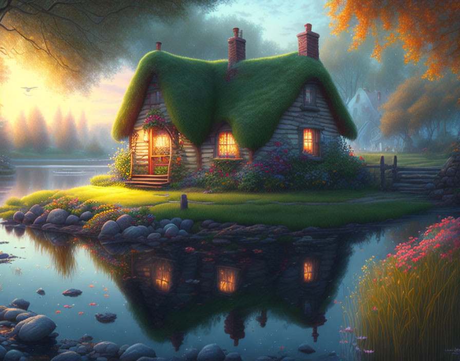 Thatched Cottage by Tranquil Lake at Twilight