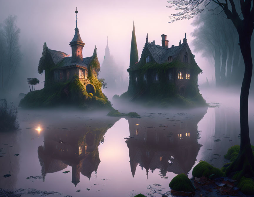 Mystical foggy landscape with whimsical cottages and ethereal trees