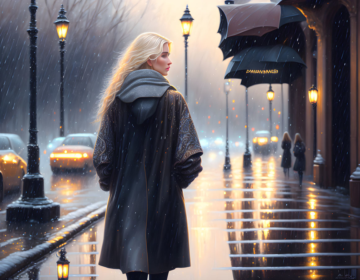 Blonde woman in dark coat walking on wet city street at dusk