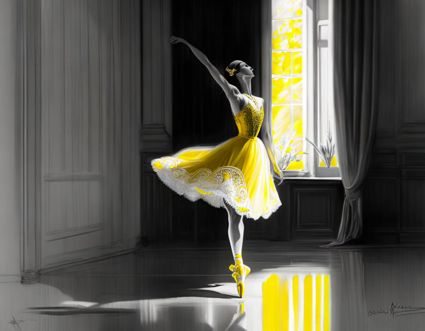 Ballerina in Yellow Dress Poses in Sunlit Room