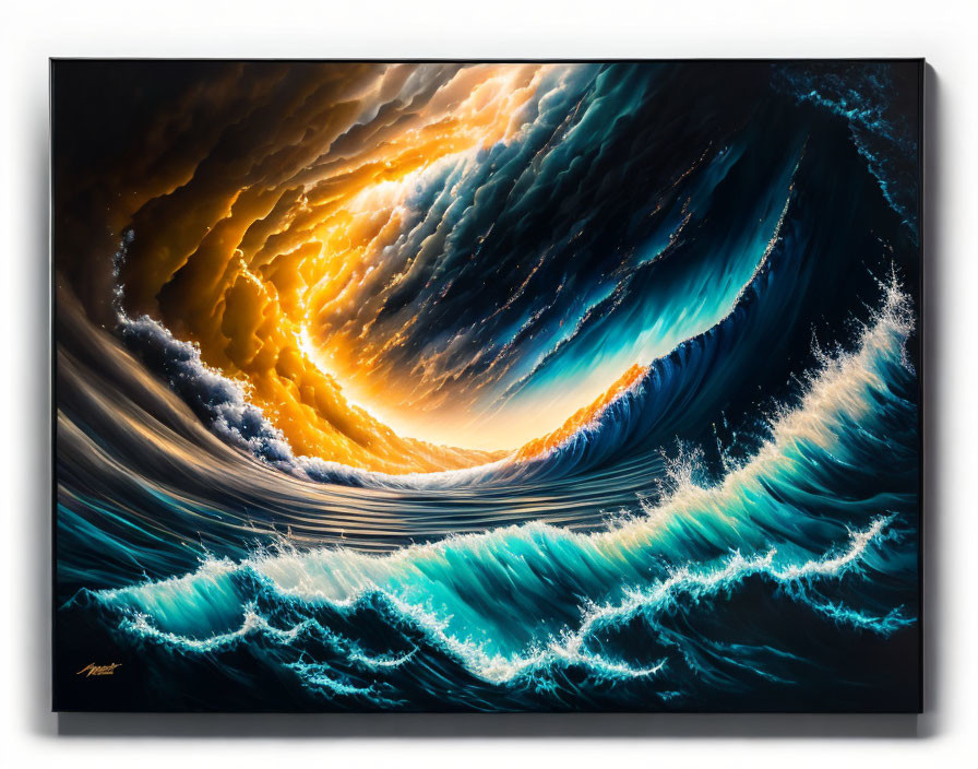 Colorful Ocean Wave Painting with Blue and Orange Hues