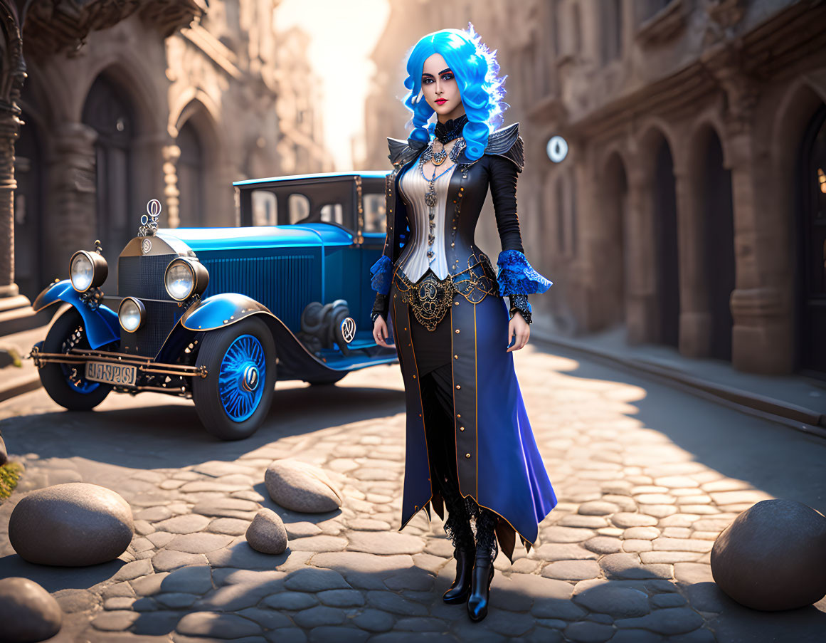 Steampunk-inspired woman with blue hair on cobblestone street with classic car.